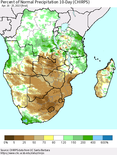 Southern Africa Percent of Normal Precipitation 10-Day (CHIRPS) Thematic Map For 4/16/2023 - 4/25/2023