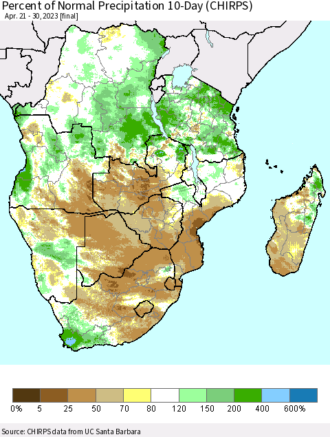 Southern Africa Percent of Normal Precipitation 10-Day (CHIRPS) Thematic Map For 4/21/2023 - 4/30/2023