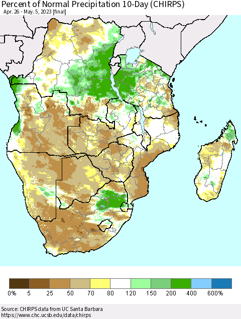 Southern Africa Percent of Normal Precipitation 10-Day (CHIRPS) Thematic Map For 4/26/2023 - 5/5/2023