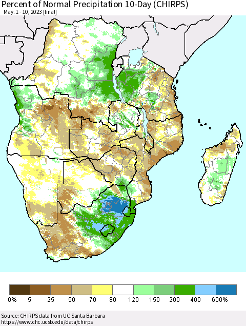 Southern Africa Percent of Normal Precipitation 10-Day (CHIRPS) Thematic Map For 5/1/2023 - 5/10/2023