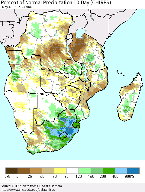 Southern Africa Percent of Normal Precipitation 10-Day (CHIRPS) Thematic Map For 5/6/2023 - 5/15/2023
