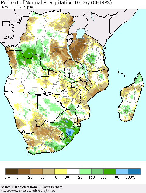 Southern Africa Percent of Normal Precipitation 10-Day (CHIRPS) Thematic Map For 5/11/2023 - 5/20/2023