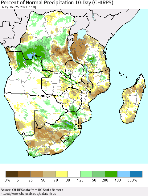 Southern Africa Percent of Normal Precipitation 10-Day (CHIRPS) Thematic Map For 5/16/2023 - 5/25/2023