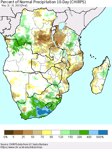 Southern Africa Percent of Normal Precipitation 10-Day (CHIRPS) Thematic Map For 5/21/2023 - 5/31/2023