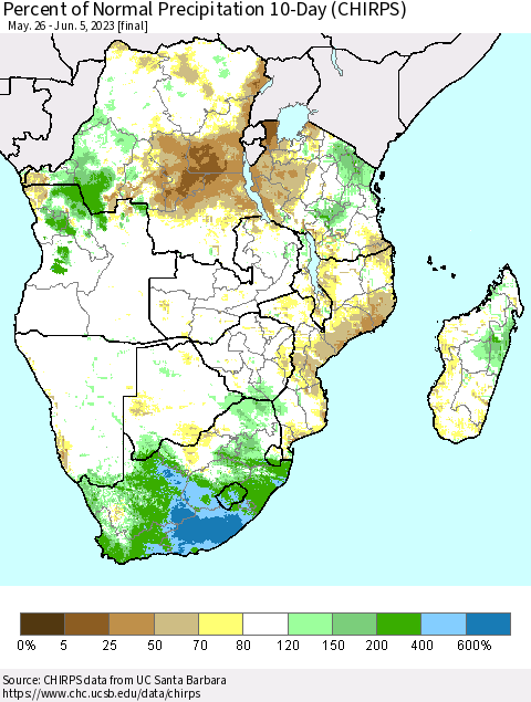 Southern Africa Percent of Normal Precipitation 10-Day (CHIRPS) Thematic Map For 5/26/2023 - 6/5/2023