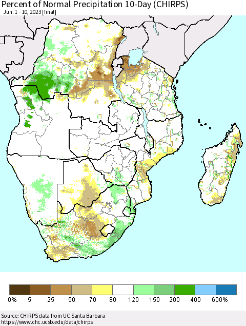 Southern Africa Percent of Normal Precipitation 10-Day (CHIRPS) Thematic Map For 6/1/2023 - 6/10/2023