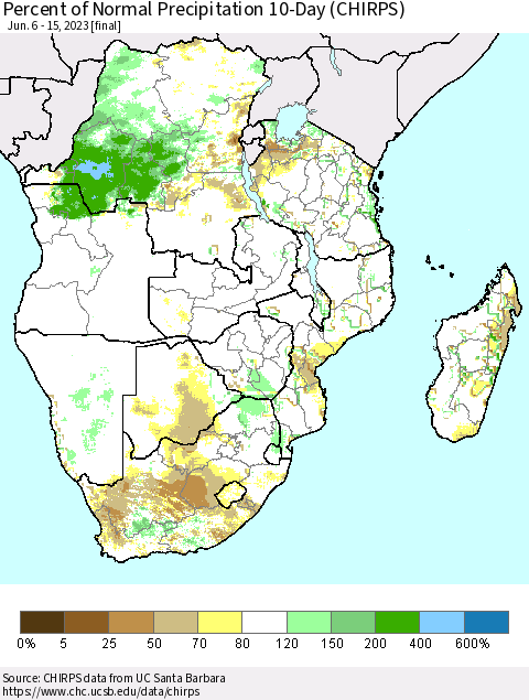 Southern Africa Percent of Normal Precipitation 10-Day (CHIRPS) Thematic Map For 6/6/2023 - 6/15/2023