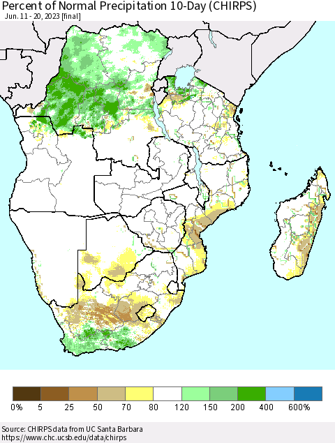 Southern Africa Percent of Normal Precipitation 10-Day (CHIRPS) Thematic Map For 6/11/2023 - 6/20/2023