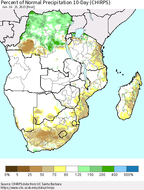 Southern Africa Percent of Normal Precipitation 10-Day (CHIRPS) Thematic Map For 6/16/2023 - 6/25/2023