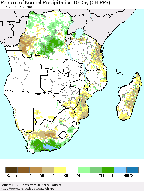 Southern Africa Percent of Normal Precipitation 10-Day (CHIRPS) Thematic Map For 6/21/2023 - 6/30/2023