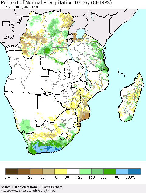 Southern Africa Percent of Normal Precipitation 10-Day (CHIRPS) Thematic Map For 6/26/2023 - 7/5/2023