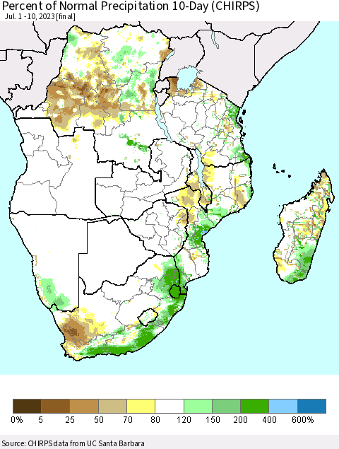 Southern Africa Percent of Normal Precipitation 10-Day (CHIRPS) Thematic Map For 7/1/2023 - 7/10/2023
