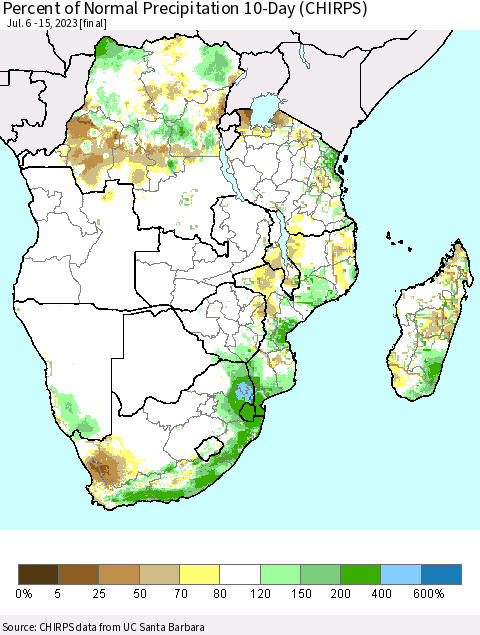 Southern Africa Percent of Normal Precipitation 10-Day (CHIRPS) Thematic Map For 7/6/2023 - 7/15/2023