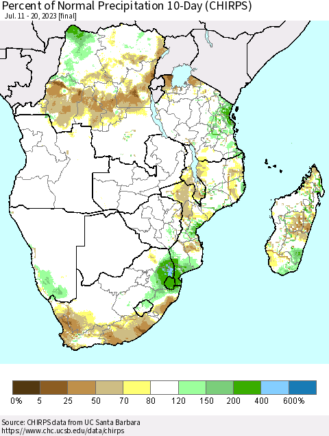 Southern Africa Percent of Normal Precipitation 10-Day (CHIRPS) Thematic Map For 7/11/2023 - 7/20/2023