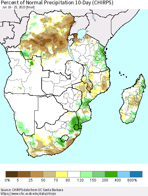 Southern Africa Percent of Normal Precipitation 10-Day (CHIRPS) Thematic Map For 7/16/2023 - 7/25/2023