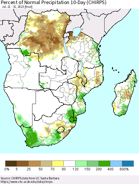 Southern Africa Percent of Normal Precipitation 10-Day (CHIRPS) Thematic Map For 7/21/2023 - 7/31/2023