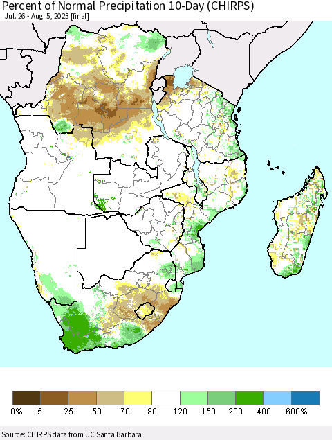 Southern Africa Percent of Normal Precipitation 10-Day (CHIRPS) Thematic Map For 7/26/2023 - 8/5/2023