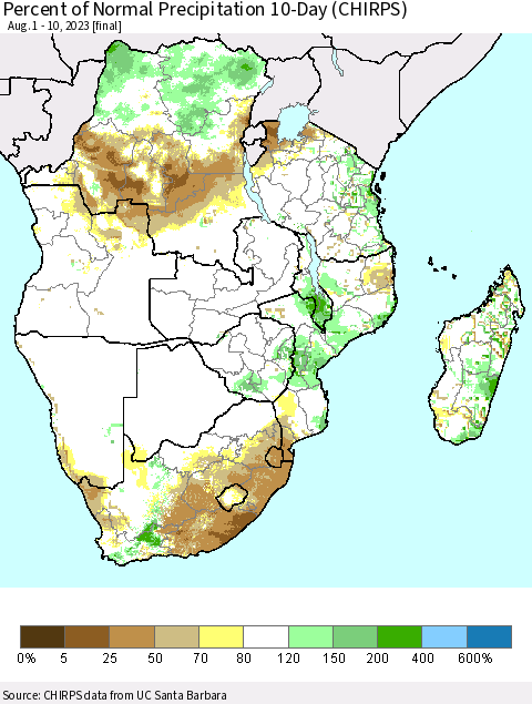 Southern Africa Percent of Normal Precipitation 10-Day (CHIRPS) Thematic Map For 8/1/2023 - 8/10/2023