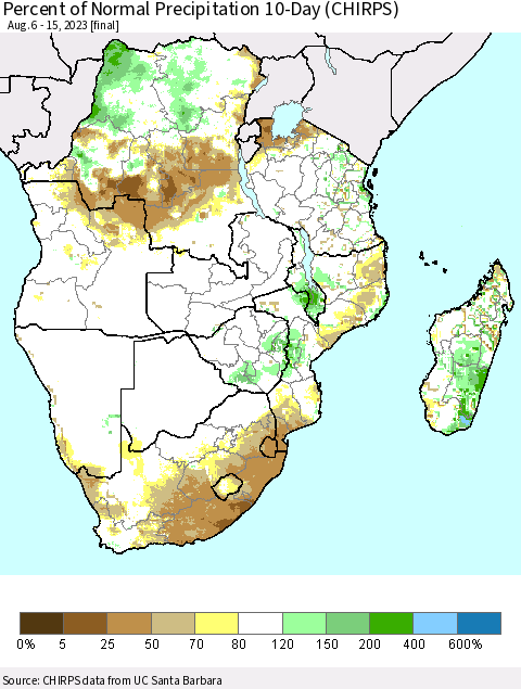 Southern Africa Percent of Normal Precipitation 10-Day (CHIRPS) Thematic Map For 8/6/2023 - 8/15/2023