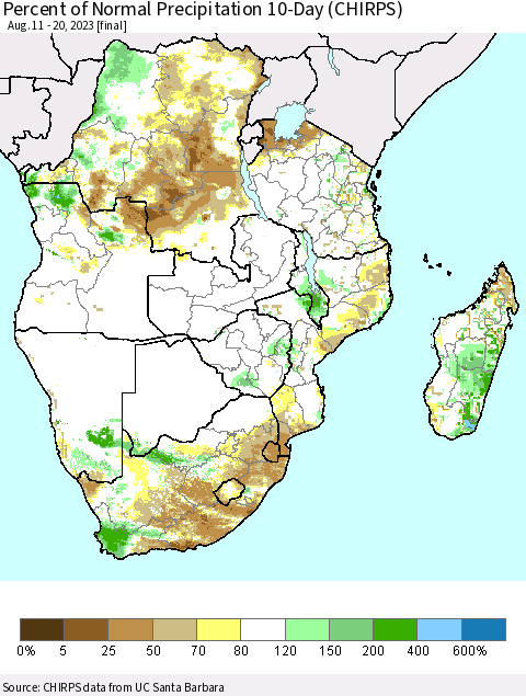 Southern Africa Percent of Normal Precipitation 10-Day (CHIRPS) Thematic Map For 8/11/2023 - 8/20/2023