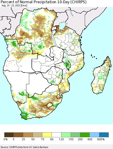 Southern Africa Percent of Normal Precipitation 10-Day (CHIRPS) Thematic Map For 8/16/2023 - 8/25/2023