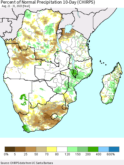 Southern Africa Percent of Normal Precipitation 10-Day (CHIRPS) Thematic Map For 8/21/2023 - 8/31/2023