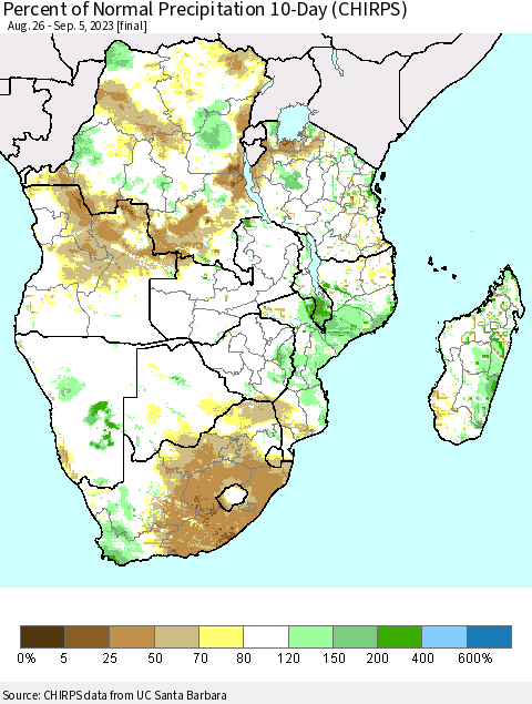 Southern Africa Percent of Normal Precipitation 10-Day (CHIRPS) Thematic Map For 8/26/2023 - 9/5/2023