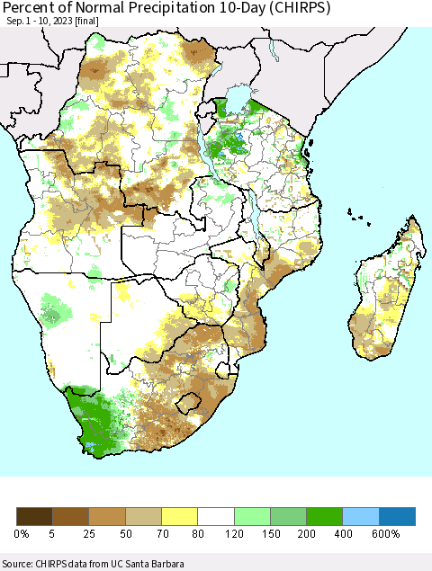 Southern Africa Percent of Normal Precipitation 10-Day (CHIRPS) Thematic Map For 9/1/2023 - 9/10/2023