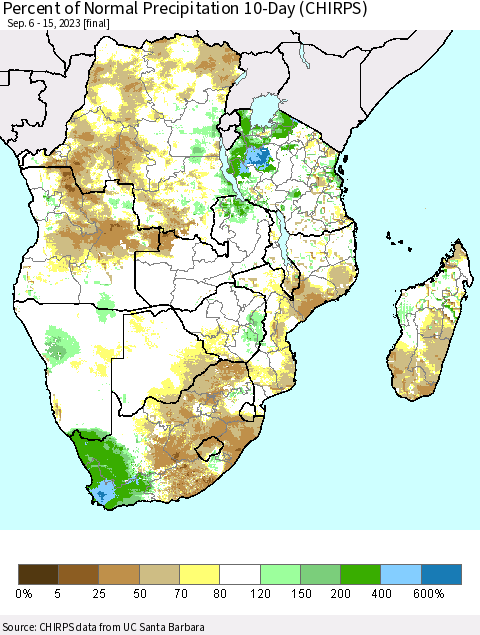 Southern Africa Percent of Normal Precipitation 10-Day (CHIRPS) Thematic Map For 9/6/2023 - 9/15/2023
