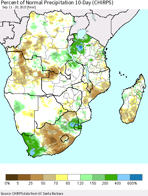 Southern Africa Percent of Normal Precipitation 10-Day (CHIRPS) Thematic Map For 9/11/2023 - 9/20/2023