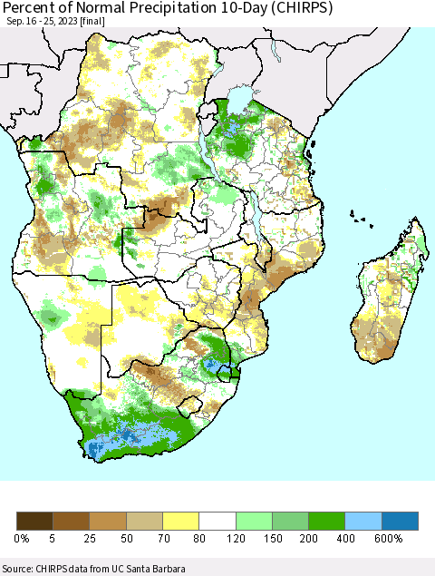 Southern Africa Percent of Normal Precipitation 10-Day (CHIRPS) Thematic Map For 9/16/2023 - 9/25/2023
