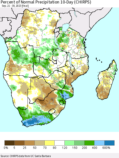 Southern Africa Percent of Normal Precipitation 10-Day (CHIRPS) Thematic Map For 9/21/2023 - 9/30/2023