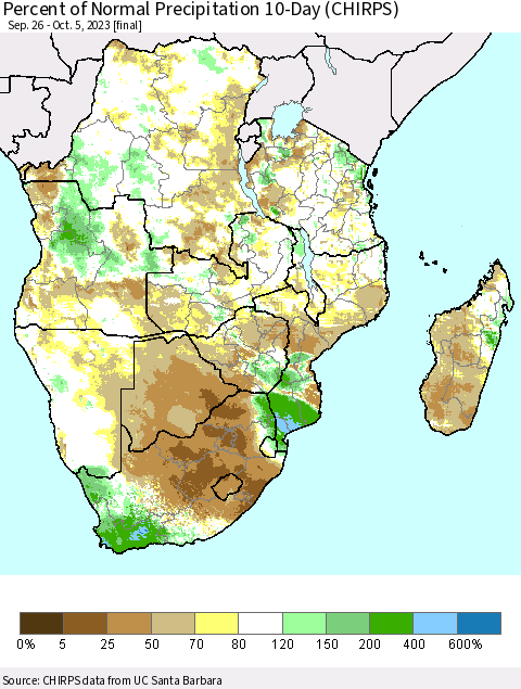 Southern Africa Percent of Normal Precipitation 10-Day (CHIRPS) Thematic Map For 9/26/2023 - 10/5/2023