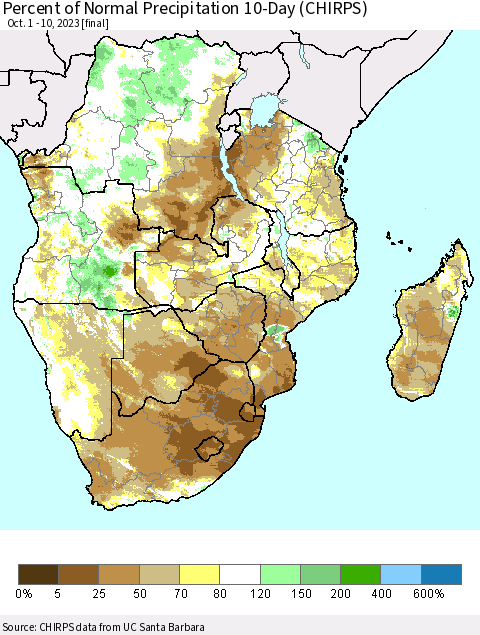 Southern Africa Percent of Normal Precipitation 10-Day (CHIRPS) Thematic Map For 10/1/2023 - 10/10/2023