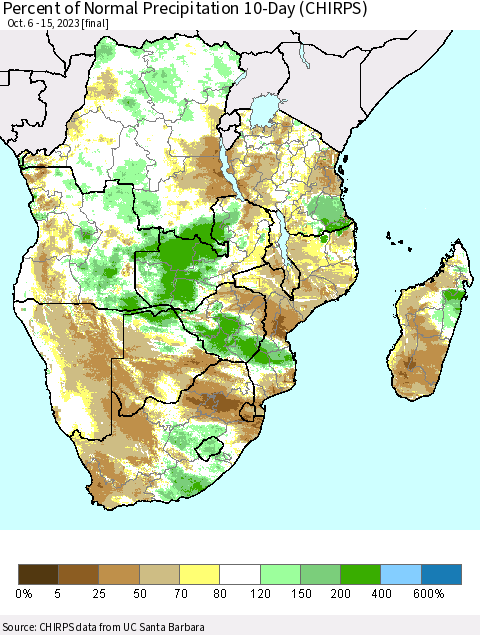 Southern Africa Percent of Normal Precipitation 10-Day (CHIRPS) Thematic Map For 10/6/2023 - 10/15/2023