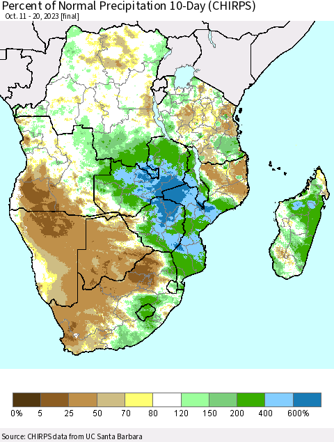 Southern Africa Percent of Normal Precipitation 10-Day (CHIRPS) Thematic Map For 10/11/2023 - 10/20/2023