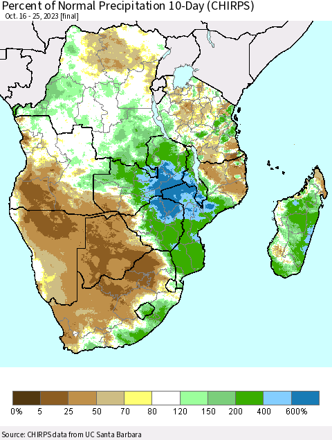 Southern Africa Percent of Normal Precipitation 10-Day (CHIRPS) Thematic Map For 10/16/2023 - 10/25/2023