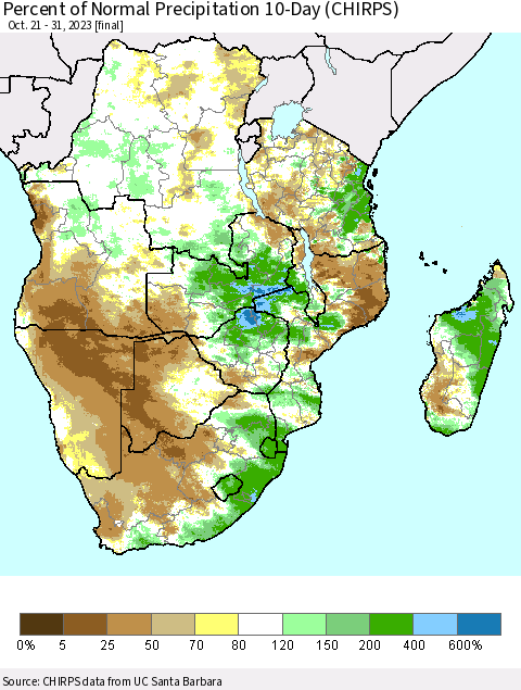 Southern Africa Percent of Normal Precipitation 10-Day (CHIRPS) Thematic Map For 10/21/2023 - 10/31/2023