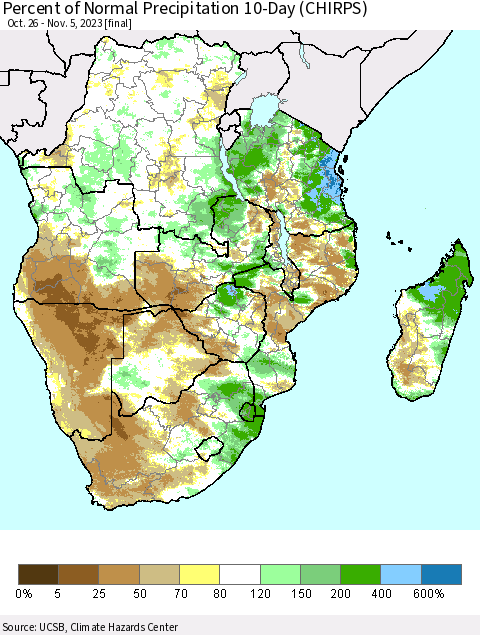 Southern Africa Percent of Normal Precipitation 10-Day (CHIRPS) Thematic Map For 10/26/2023 - 11/5/2023