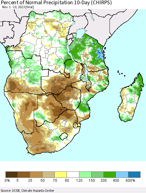 Southern Africa Percent of Normal Precipitation 10-Day (CHIRPS) Thematic Map For 11/1/2023 - 11/10/2023