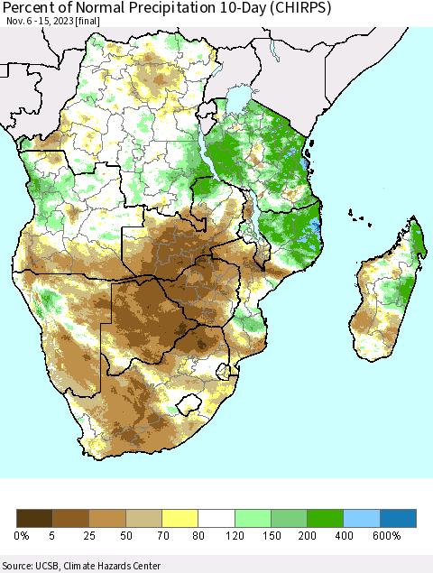 Southern Africa Percent of Normal Precipitation 10-Day (CHIRPS) Thematic Map For 11/6/2023 - 11/15/2023