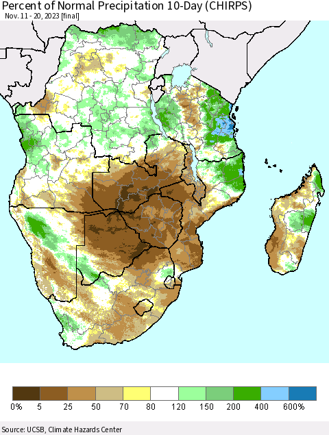 Southern Africa Percent of Normal Precipitation 10-Day (CHIRPS) Thematic Map For 11/11/2023 - 11/20/2023