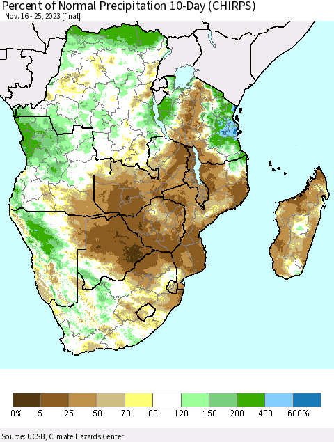 Southern Africa Percent of Normal Precipitation 10-Day (CHIRPS) Thematic Map For 11/16/2023 - 11/25/2023