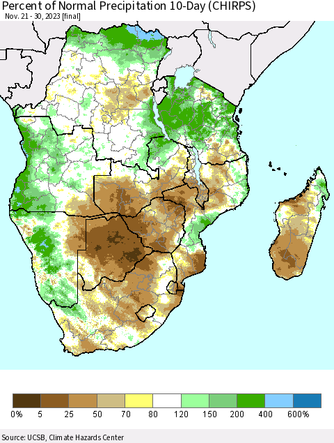 Southern Africa Percent of Normal Precipitation 10-Day (CHIRPS) Thematic Map For 11/21/2023 - 11/30/2023