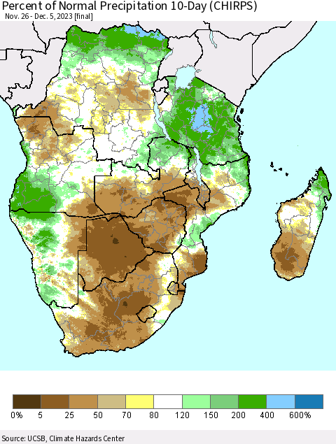 Southern Africa Percent of Normal Precipitation 10-Day (CHIRPS) Thematic Map For 11/26/2023 - 12/5/2023