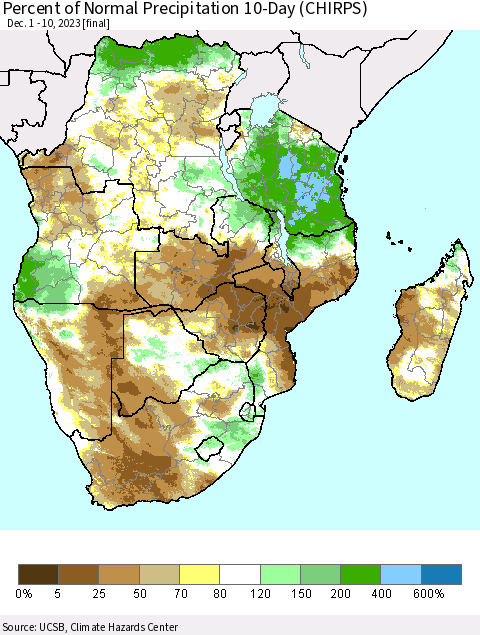 Southern Africa Percent of Normal Precipitation 10-Day (CHIRPS) Thematic Map For 12/1/2023 - 12/10/2023
