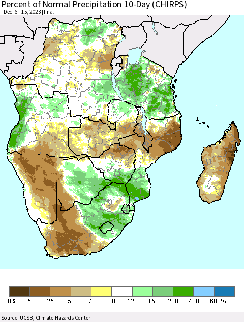 Southern Africa Percent of Normal Precipitation 10-Day (CHIRPS) Thematic Map For 12/6/2023 - 12/15/2023