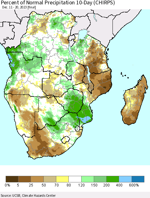 Southern Africa Percent of Normal Precipitation 10-Day (CHIRPS) Thematic Map For 12/11/2023 - 12/20/2023