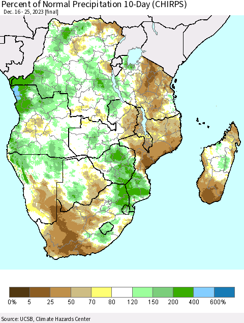 Southern Africa Percent of Normal Precipitation 10-Day (CHIRPS) Thematic Map For 12/16/2023 - 12/25/2023