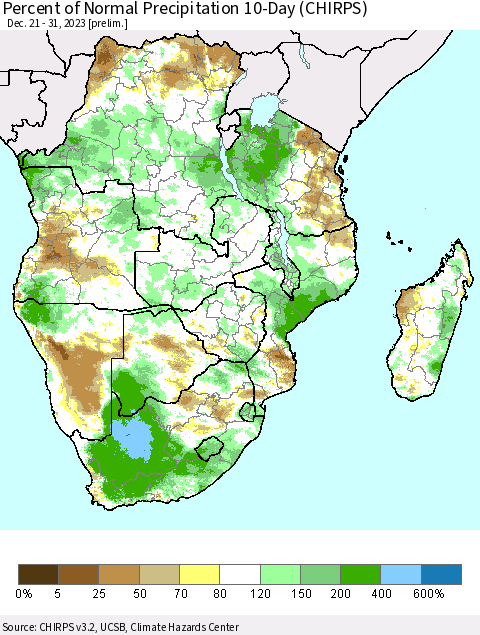 Southern Africa Percent of Normal Precipitation 10-Day (CHIRPS) Thematic Map For 12/21/2023 - 12/31/2023